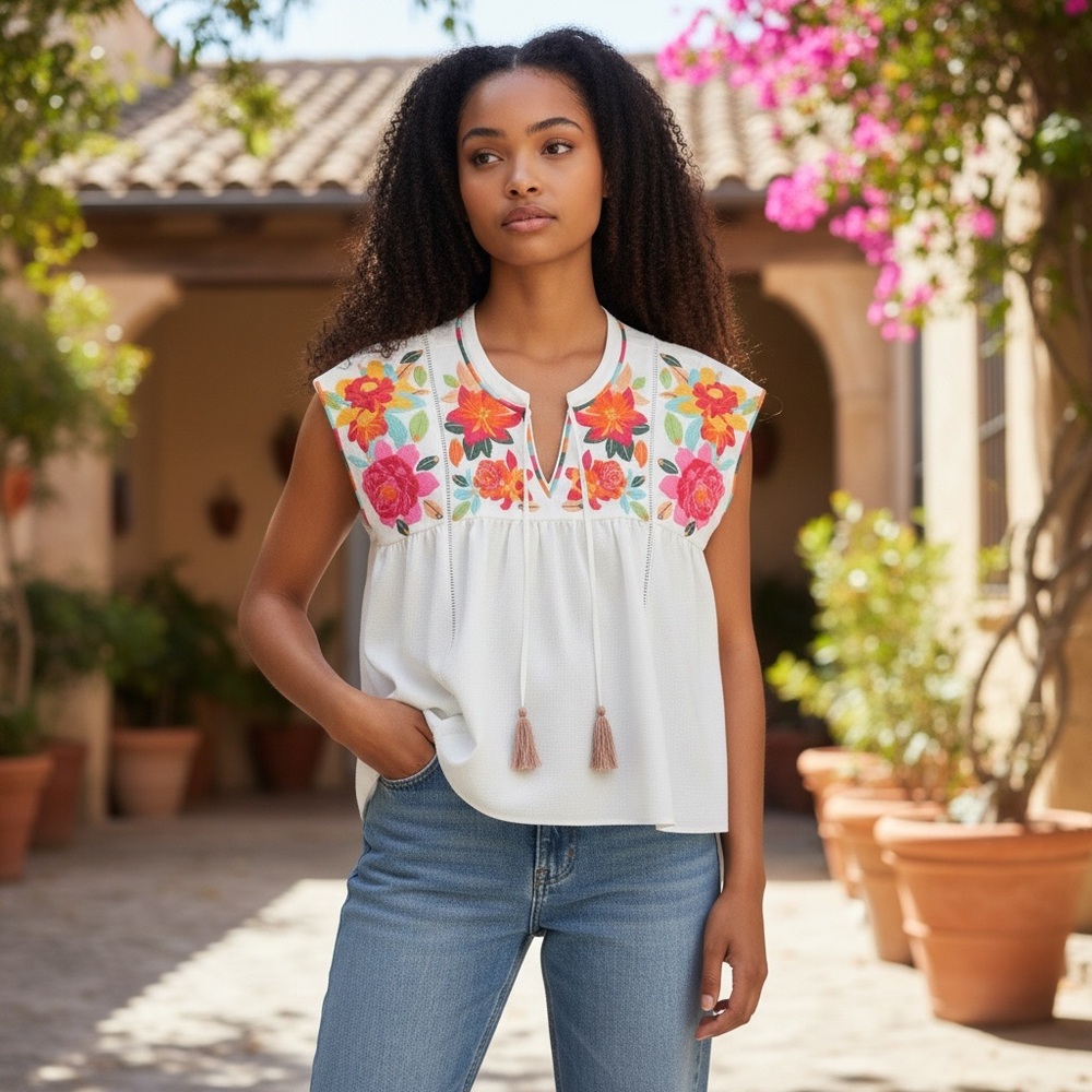 THML White Sleeveless Blouse with Bright Floral Embroidery - Picture 2 of 11